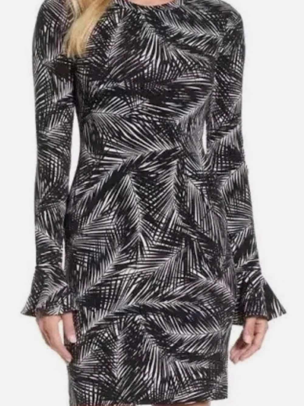 Michael Kors Black & White Palm-Print Long Sleeve Women’s Dress